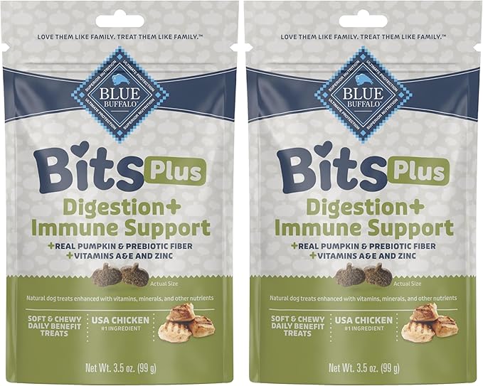 Blue Buffalo Blue Bits Plus Digestion and Immune Support Dog Treats, Chicken, 3.5-oz. Bag (Pack of 2)