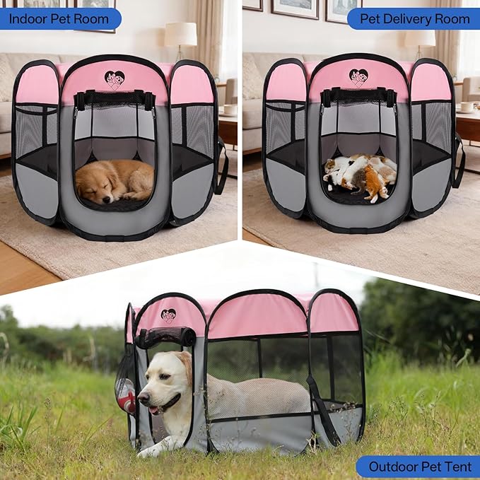 Dog Cat Playpen,Portable Foldable Tent- Pet Outdoor Exercise Crate Cage for Medium Dogs,Travel Camping Use for Small Animals with Carrying Case,Indoor Kennel for Sleeping(Pink,M)