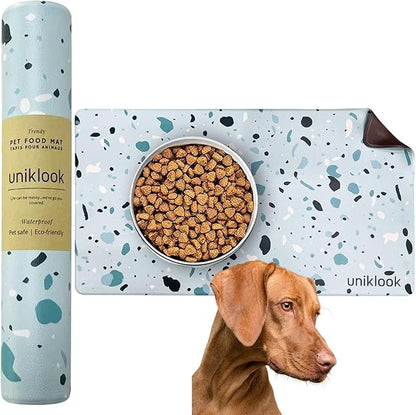 Large Pet Placemat Food & Water, Dog Cat Food Mat for Pet Bowls 28" X 16.5" Waterproof Easy to Clean Dog Mat for Bowl Food Water Terrazzo Blue Uniklook