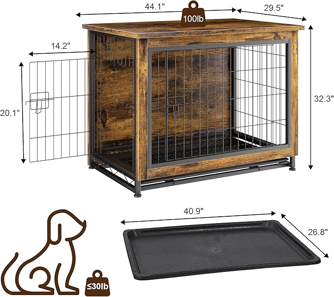 JY QAQA Dog Crate Furniture, Wooden Dog Crate Table, Dog's Furniture with Double-Doors, Indoor Dog Kennel, Dog Cage/Brown/XL