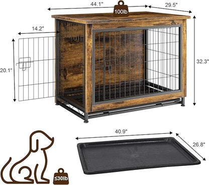 JY QAQA Dog Crate Furniture, Wooden Dog Crate Table, Dog's Furniture with Double-Doors, Indoor Dog Kennel, Dog Cage/Brown/XL