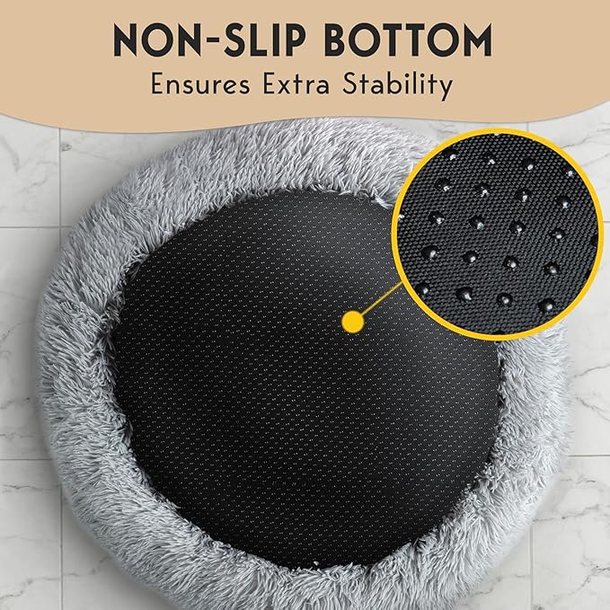 PetJett Small Dog Bed - 23'' Round Dog Beds, Calming Puppy Bed - Anti-Slip & Washable Super Soft Fluffy Plush Faux Fur Pet Bed, Anti-Anxiety Premium Comfort Donut Bed,Fits Dogs upto 25 lbs,Bright Gray