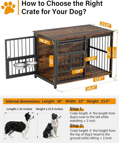 Dog Crate Furniture for Large Dogs: 39 Inch Heavy Duty Chewproof Wooden Kennel Furniture - Dog Cage Table for High Anxiety Dogs- 360° Adjustable Bowls Multi-Lock Sliding Door for Indoor