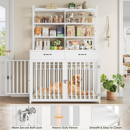 Keyluv 71''H x 47.2''W Large Dog Crate Furniture with 4-Tier Shelves and 2 Storage Drawers, Heavy Duty Dog Cage Furniture with 2 Doors, Wood & Metal Dog Kennel Indoor for Small/Medium/Large Dog, White