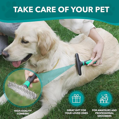 DOGI Deshedding Brush Comb - Undercoat Rake for Dogs, Cats, Short, Long Hair Coats - Double Row Stainless Steel Pins - Reduce Shedding by 90% (Green)