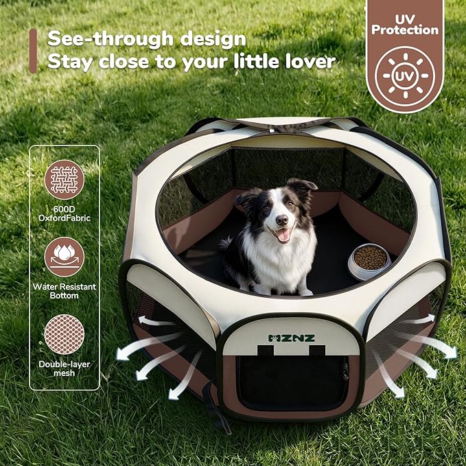 Dog Playpen, Portable Puppy Pet Crate Indoors for Small/Medium/Large Dogs Cats Rabbits, Foldable Dog Cage Enclosure for Outdoor, Pop Up Dogs Tent Kennel with Carrying Case, Brown