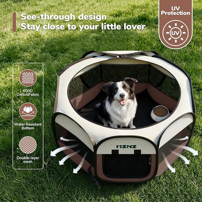 Dog Playpen, Portable Puppy Pet Crate Indoors for Small/Medium/Large Dogs Cats Rabbits, Foldable Dog Cage Enclosure for Outdoor, Pop Up Dogs Tent Kennel with Carrying Case, Brown