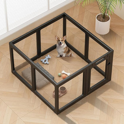 Clear Acrylic Dog Playpen Indoor, Puppy Cat Small Pet Play Pen, Pet Cat Playpen for Rabbits, Dog Fence Crate Kennel Whelping Cage (Black, 8 Panel)