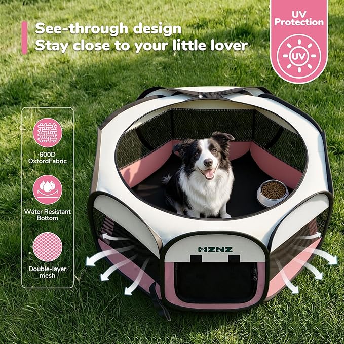 Dog Playpen, Portable Puppy Pet Crate Indoors for Small/Medium/Large Dogs Cats Rabbits, Foldable Dog Cage Enclosure for Outdoor, Pop Up Dogs Tent Kennel with Carrying Case, Pink
