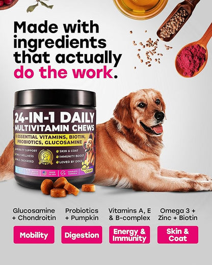 24-in-1 Daily Multivitamin Dog Chews – Joint, Skin & Coat, Digestion & Immunity Support – Glucosamine, Omega-3, Probiotics for Gut Health – PhD-Endorsed, 140 Chews, Beef Flavor
