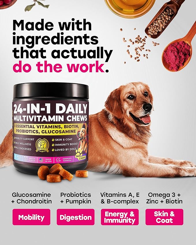 24-in-1 Daily Multivitamin Dog Chews – Joint, Skin & Coat, Digestion & Immunity Support – Glucosamine, Omega-3, Probiotics for Gut Health – PhD-Endorsed, 140 Chews, Bacon Flavor