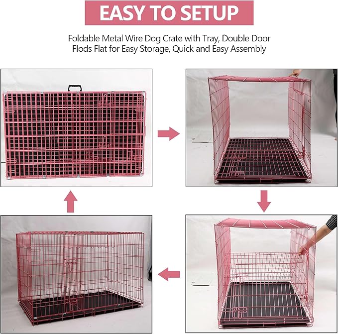 Dog Crate, 24/30/36/42/48 Inch Dog Crates for Small Medium Large Dogs Indoor, Folding Metal Dog Kennel Dog Cage with Double-Door, Divider Panel, Removable Tray, Locks and Handle, (48 Inch, Pink)
