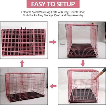 Dog Crate, 24/30/36/42/48 Inch Dog Crates for Small Medium Large Dogs Indoor, Folding Metal Dog Kennel Dog Cage with Double-Door, Divider Panel, Removable Tray, Locks and Handle, (48 Inch, Pink)