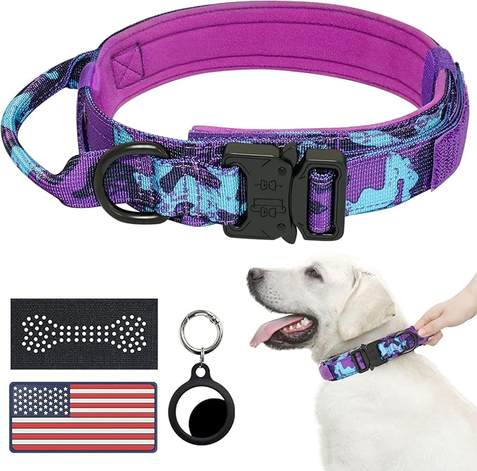 Hotsky Tactical Dog Collar, Adjustable Military Training Nylon Airtag Collar with Handle and Heavy Duty Metal Buckle for Medium Large Dogs, with Airtag Holder and Two Patches（Purple Camo,M）