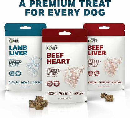 FOUR LEAF ROVER Beef Heart Dog Treats - Grass Finished New Zealand Beef Heart - Raw Freeze Dried Single Ingredient, No Additives - Made in USA - 4 Oz Bag