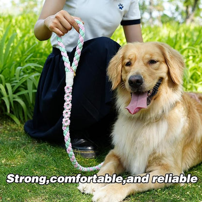 Handmade 5ft Braided Cotton Dog Leash with Unique Floral Handle, Durable and Stylish, Ideal for Small to Large Dogs, Pink & Green Color