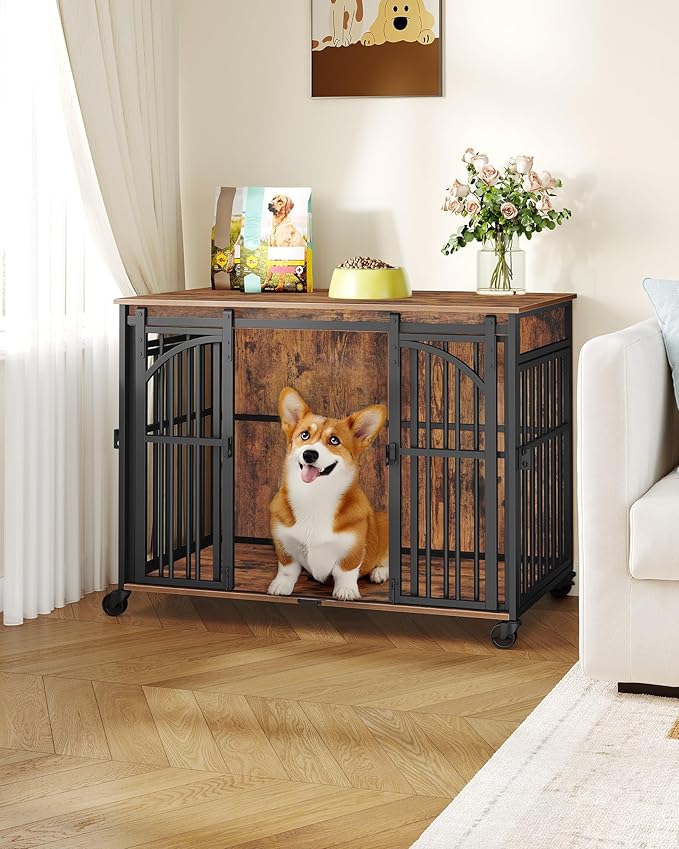 Hzuaneri 37.4" Dog Crate Furniture with Wheels, Wooden Pet Cage Indoor with Barn Door, L Dog Kennel Heavy Duty, Decorative Pet Crate for Small/Medium Dogs, End Table TV Stand, Rustic Brown DFC86201B