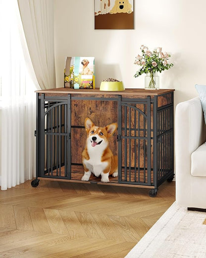 Hzuaneri 37.4" Dog Crate Furniture with Wheels, Wooden Pet Cage Indoor with Barn Door, L Dog Kennel Heavy Duty, Decorative Pet Crate for Small/Medium Dogs, End Table TV Stand, Rustic Brown DFC86201B