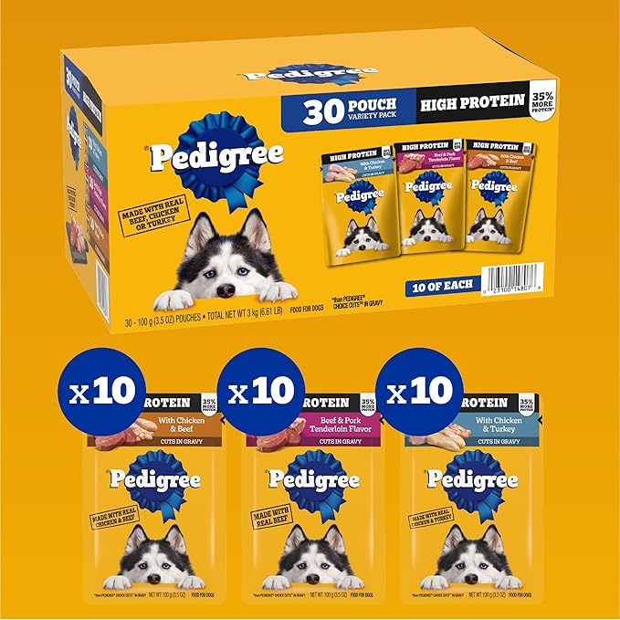 Pedigree High Protein Dog Food, Adult Wet Dog Food Pouches, Variety Pack, 3.5 oz. Pouches, 30 Count
