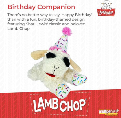 Multipet Lamb Chop Dog Plush Toy w/Birthday Hat - Squeaky Toy for All Dogs - Soft Plush - Stuffed Animal Dog Toys for Playing - Cute Birthday Toy (10.5”, Pink Hat, 5 Squeakers)