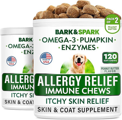 BARK&SPARK Dog Allergy Relief Soft Chews for Skin Health & Seasonal Allergies - Anti-Itch Supplement w/Omega-3, Quercetin & Bromelain Immune Treats for Dry Skin & Hot Spots - Peanut Butter - 240ct