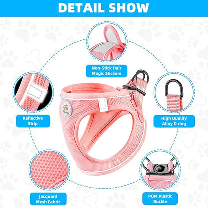 Hipubby Dog Harness and Leash Set, No Pull Soft Mesh Puppy Harness for Small Medium Dogs, Cats - Step in Reflective Breathable Lightweight Vest Harness for Walking, Training - Pink, XXS