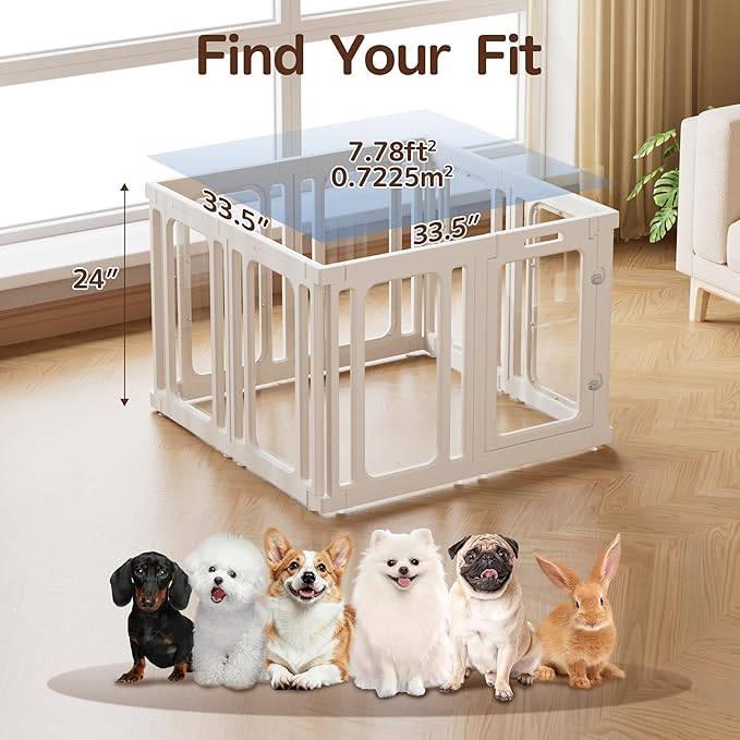 Jalove Dog Playpen Indoor, 24" H Plastic Puppy Playpen with Window, Easy Assembly and Cleaning, Clear Acrylic Pet Playpen for Puppy Cat Ferret, Small Dogs Fence Crate Kennel (White, 8 Panels)