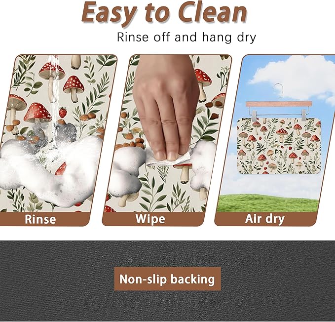 Red Mushroom Pet Feeding Mat,Fern Herb Berries Absorbent Quick-Dry Cat Dog Food and Water Bowl Mats,Non-Slip Rubber Backing Mat,Cat Dog Accessories Supplies 16"x24"