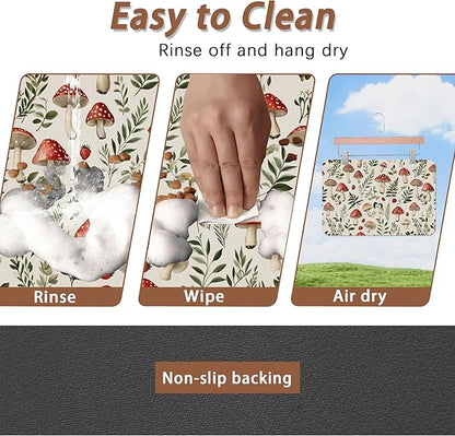 Red Mushroom Pet Feeding Mat,Fern Herb Berries Absorbent Quick-Dry Cat Dog Food and Water Bowl Mats,Non-Slip Rubber Backing Mat,Cat Dog Accessories Supplies 16"x24"