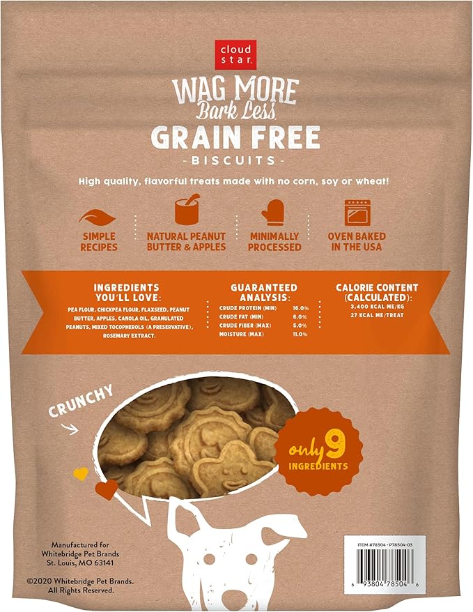 Cloud Star Wag More Bark Less Crunchy Grain Free Dog Treats, Peanut Butter & Apples, 2.5 lbs. Bag