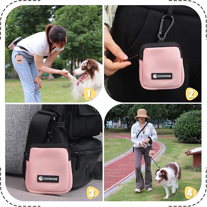 COOWONE Dog Treat Pouch 2 Pack, Waterproof, Zipper Closure, Hands Free, Black+Pink