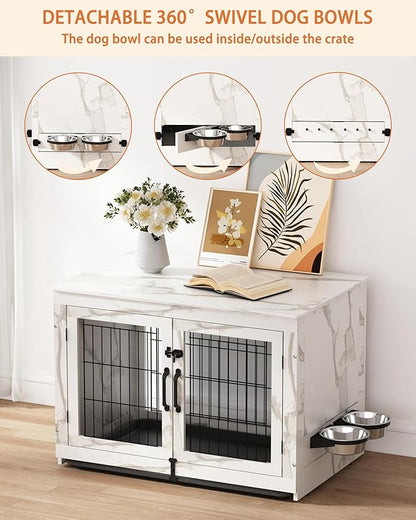 Piskyet Wooden Dog Crate Furniture with 360°Rotatable Removable Dog Bowls, Dog Crate End Table with Tray, Double Doors Dog Kennels for Dogs(M:31.8" L*22.1" W*24.1" H,Marble White)