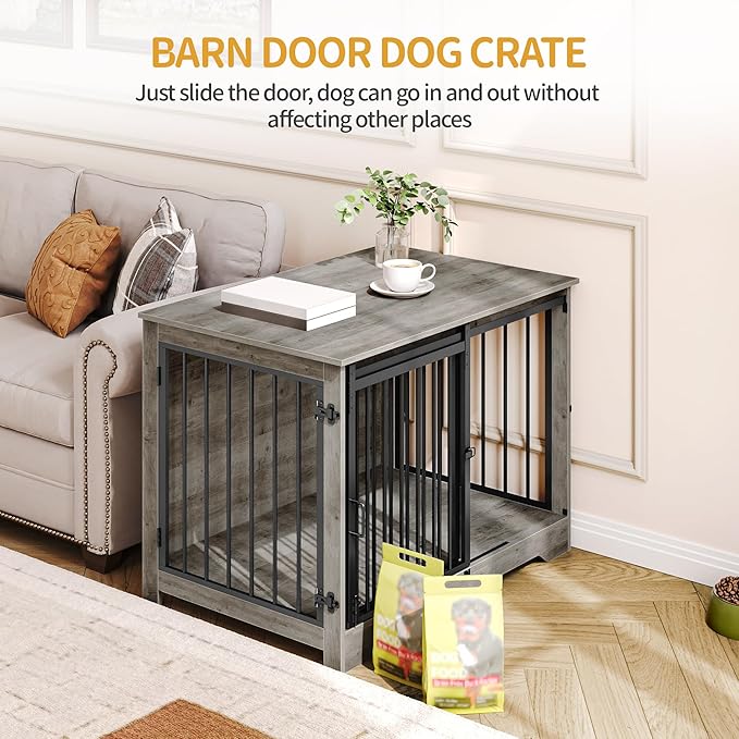 Hzuaneri 39.4" Heavy Duty Dog Crate Furniture with Barn Door, Wood Indoor Dog Crate Kennel for Small/Medium/Large Dogs, End Side Table, TV Stand, Greige Black DFC02305B