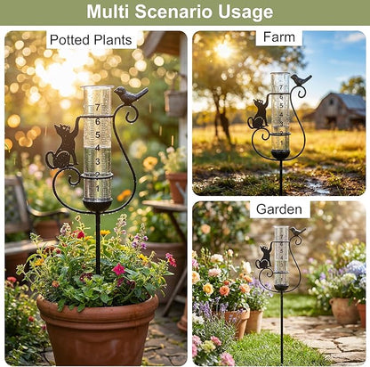 Rain Gauge Outdoor, Cat & Bird Rain Gauges Outdoor Best Rated Decorative for Garden Yard Lawn with Easy-Read 7" Tube, Accurate Rainfall Measurement