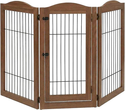 unipaws 31.5 Inch Height Pet Gate with Wood and Wire, 66 Inch Wide Freestanding Walk Through Dog Gate, Foldable Stairs Barrier for Dogs Cats