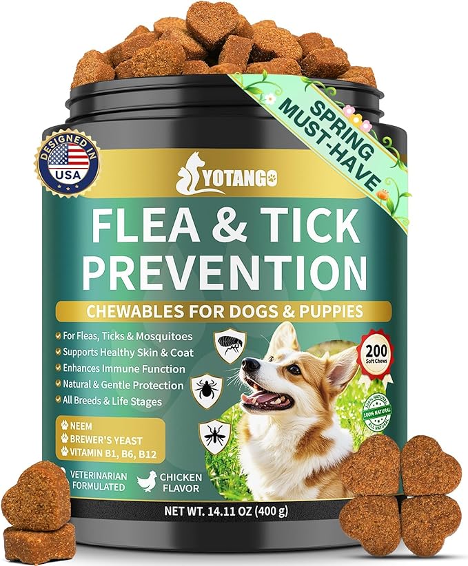 YOTANGO Flea and Tick Prevention for Dogs Chewable, 200 Soft Treats Natural Dog Flea and Tick Treatment Chewable, Oral Flea Supplement Chews, Skin & Coat Support for Dogs Puppies - All Breeds & Ages