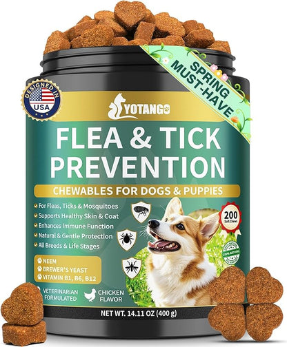 YOTANGO Flea and Tick Prevention for Dogs Chewable, 200 Soft Treats Natural Dog Flea and Tick Treatment Chewable, Oral Flea Supplement Chews, Skin & Coat Support for Dogs Puppies - All Breeds & Ages