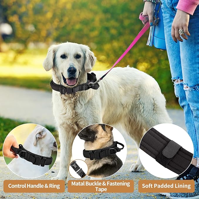 Tactical Dog Collar - Military Dog Collar, Adjustable Heavy Duty Metal Buckle Nylon Collar with Control Handle for Small Medium Large Dogs (Black, XL)