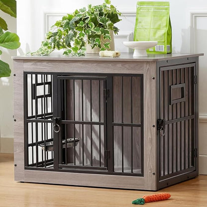 32 Inch Heavy Duty Dog Crate Furniture for Medium/Small Dogs, Decorative Pet House End Table with 3 Doors & Adjustable Bowls, Wooden Cage Kennel Furniture Indoor, Rustic Grey