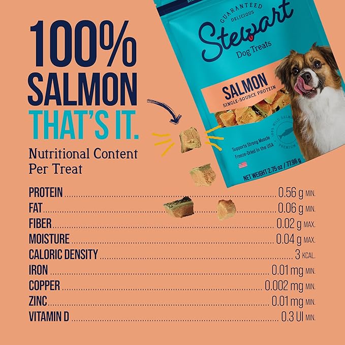 Stewart 100% Wild Salmon Dog Treats, 2.75 oz Pouch, ~55 Pieces, Freeze Dried Raw, Single Ingredient, 65% Protein Training Treats or Meal Topper, Grain Free, Gluten Free
