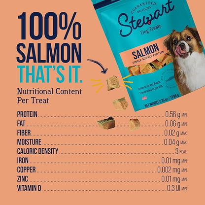 Stewart 100% Wild Salmon Dog Treats, 2.75 oz Pouch, ~55 Pieces, Freeze Dried Raw, Single Ingredient, 65% Protein Training Treats or Meal Topper, Grain Free, Gluten Free
