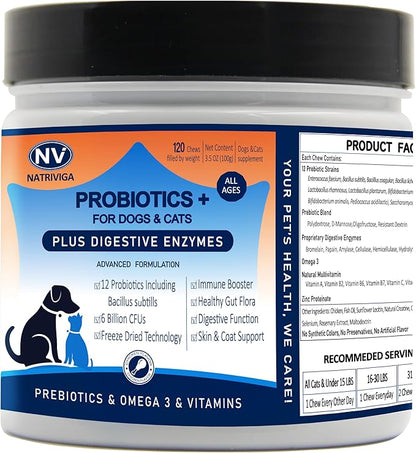 Freeze-Dried Probiotics for Dogs with Enzymes, Omega-3 & Zinc - 6B CFUs, 12 Strains + Prebiotics for Gut, Skin & Coat, Immune & Sensitive Stomach Support - Chicken Flavor, 120 Chews