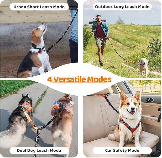 Double Dog Leash - 360°Swivel Tangle Free Splitter Attachment, 1 Rope with Handle, 2 Dogs Multi-Functional Leash, for Outdoor Walk Train Small Medium Large Two Pet, Orange