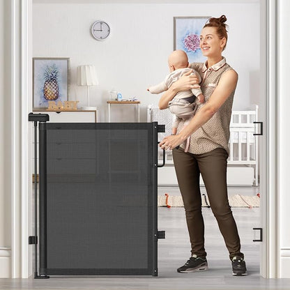 Retractable Baby Gate for Stairs, 55" Wide Mesh Dog Gate Indoor, 34" Tall Child Gate for Doorways, Hallways, Deck, Indoor Outdoor Pet Baby Safety Essentials for Home, Black