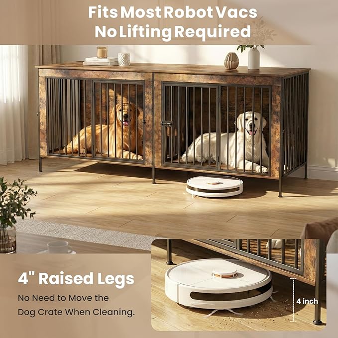 Dog Crate Furniture 78" Heavy Duty for 2 Large Dog, Sturdy Indoor Dog Kennel Table with 3 Doors, Elevated Robot Vacuum Friendly Base, Decorative Cage TV Stand & End Table, Rustic Brown