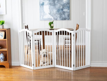 INTERNET'S BEST Arched Top Dog Gate | 4 Panel, 36" H Wooden Pet Barrier for Dogs or Cats | Freestanding Folding Room Divider for Doorways, Hallways, Stairs, and Porch | Portable, Extra Wide | White