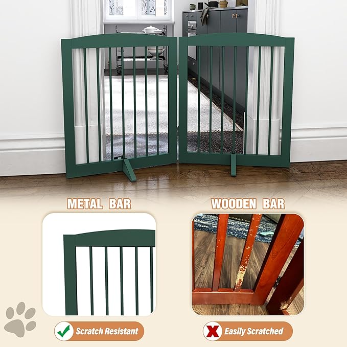 PUPETPO Freestanding Pet Gate for Dogs, Foldable Wooden Dog Gate for House, Stairs, Doorways, Step Over Pet Puppy Safety Fence,Support Feet Included,24" Height 2 Panels, Green