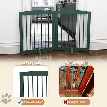 PUPETPO Freestanding Pet Gate for Dogs, Foldable Wooden Dog Gate for House, Stairs, Doorways, Step Over Pet Puppy Safety Fence,Support Feet Included,24" Height 2 Panels, Green