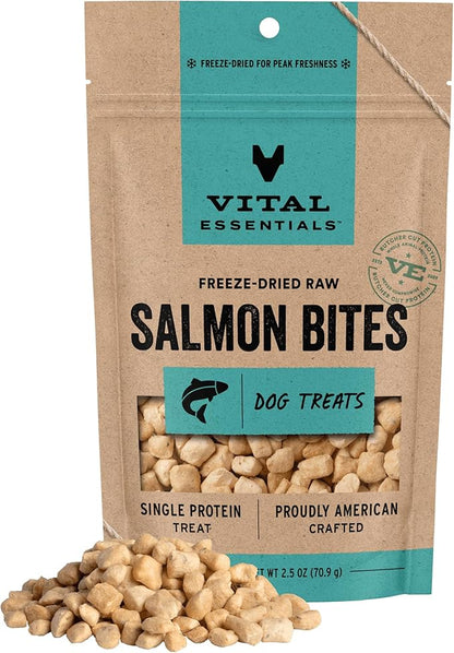 Vital Essentials Freeze Dried Dog Treats | Salmon Bites, Single Protein | Premium Quality | Grain Free Training Treats for Dogs, 2.5 oz Bag