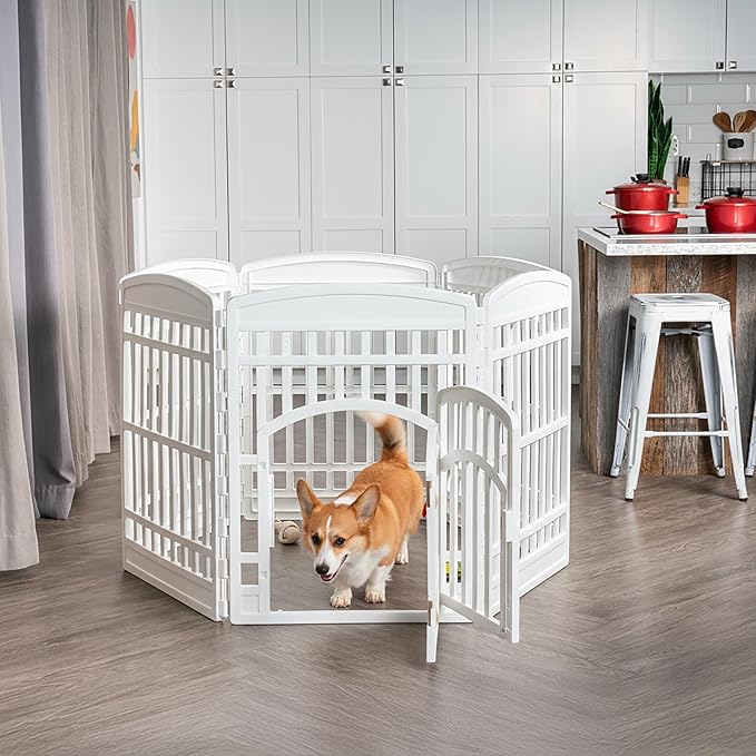 IRIS USA Dog Playpen with Door, 34” 6 Panel Pet Exercise Pen – Indoor Outdoor Puppy Play Pen, Portable Plastic Pet Fence for Small Medium Dogs, Foldable 44” x 63” x 34”, White